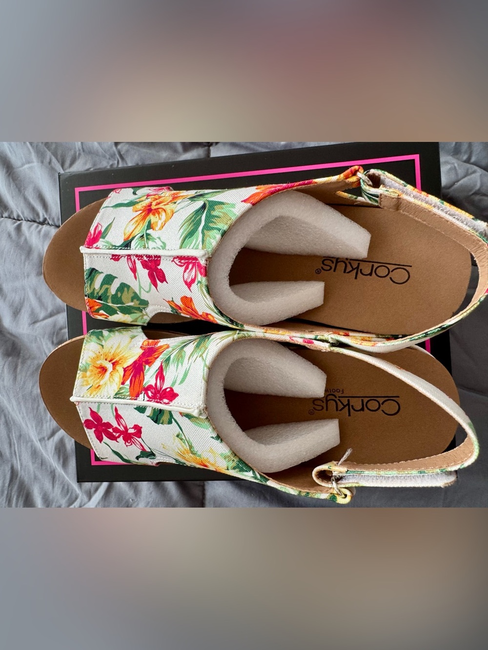 Corkys Floral Print Wedge Sandals - White with Red & Yellow Blooms - Picture 6 of 7